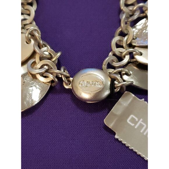 Chico's Signed Silver Tone Chain Charm Bracelet Matte Textured Shiny Oval Discs - Picture 2 of 7